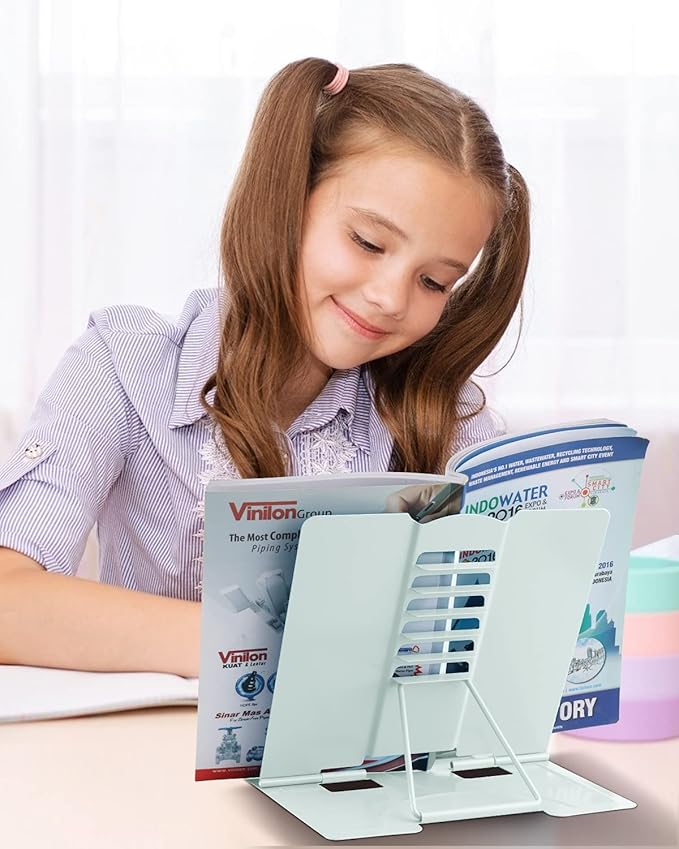 MSDADA Desk Book Stand Metal Reading Rest Book Holder Angle Adjustable Stand Document Holder Portable Sturdy Lightweight Bookstands-Textbooks Tablet Music Books Cook Recipe (Macaron Green)