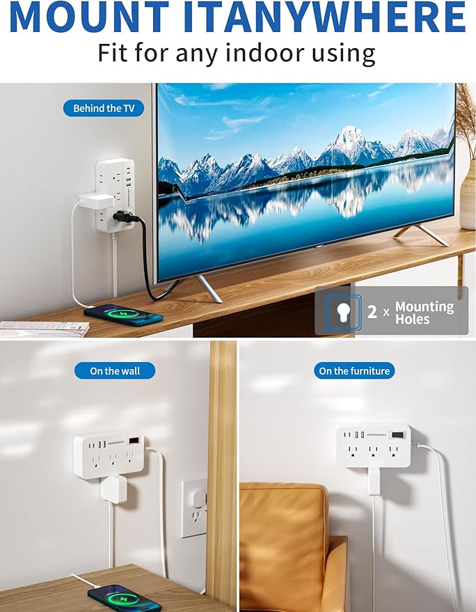 Surge Protector Power Strip - 5Ft Braided Extension Cord Flat Plug with 6 Outlets and 2 USB-A 2 USB-C Ports, 1080 Joules Wall Mounted Charging Station for Office Home ETL (5 FT)