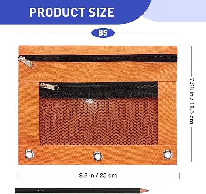 Pencil Pouch for 3 Ring Binder - 3 Hole Zipper Pen Case Bag Holder Bulk Accessories Clear Window Aesthetic Organizer Pockets (Orange, 1)