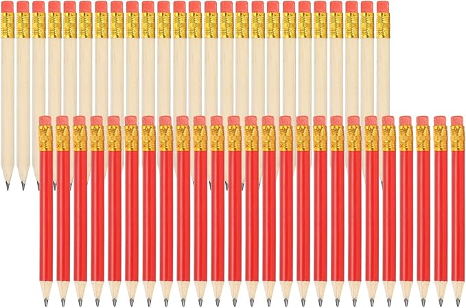 MECCANIXITY Golf Pencils with Erasers, 4" HB Mini Half Pencils Pre Sharpened Small Pens for Wedding Bridal Shower Game Office Writing Drawing(Wood Color/Red, Pack of 50)