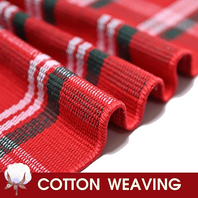 Christmas Red Green White Plaid Rug, 24"x 51" Cotton Hand-Woven Buffalo Check Layered Door Mat for Front Porch, Entryway, Outdoor Holiday Decor, Washable Farmhouse Rug for Home, Patio, Kitchen