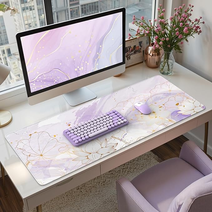 iCasso Desk Cover Mat, Extra Large Lotus Mouse Pad, Desk Pad Mat,Office Matt for Desktop Protector, Anti-Slip XXL Big Mousepad with Stitched Edges for Laptop Computer Keyboard(Purple Lotus Leaf)