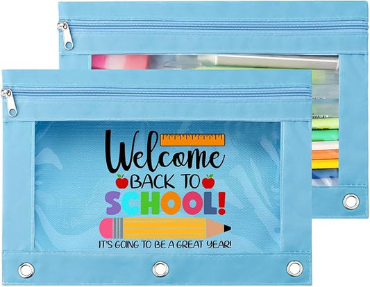 Back To School Bus Zippered Pencil Pouch for 3 Ring Binder, Cute Pen Pencil Bags Case With Clear Window Blue 2 Pack