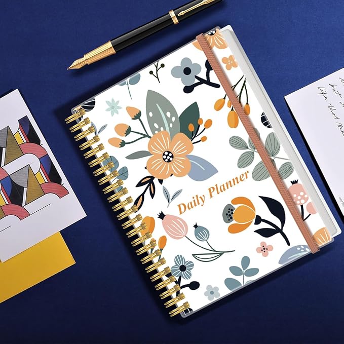 Daily Planner Undated - B5 To Do List Notebook Hourly Schedules, Spiral Appointment Planner for Women and Men, PVC Hardcover, Inner Pocket, Elastic Closure, 7" x 10", Rose Flower