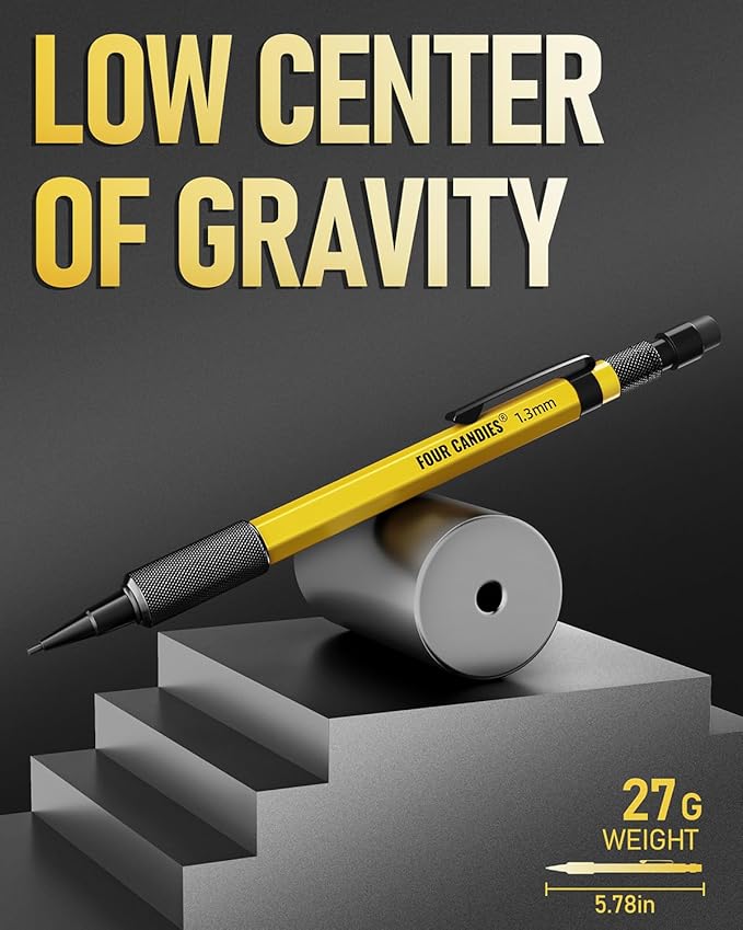 Four Candies 3PCS 1.3mm Mechanical Pencil Set with Case, Metal Heavy Duty Carpenter Pencils with 72 Refill(Red,Black,Yellow) 3Eraser, 16Eraser Refill, Weatherproof Body Outdoor Woodworking Marking