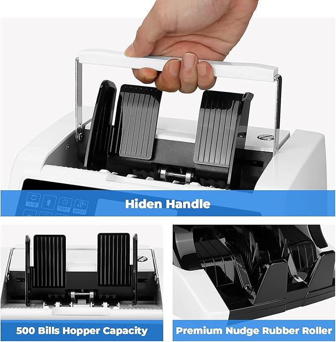 MUNBYN IMC01 Bank Grade Money Counter Machine Mixed Denomination, 2CIS/UV/IR/MG/MT Counterfeit Detection, Serial Number, MUL Currency Cash Counter, Printer Compatible Bill Value Counter (White)