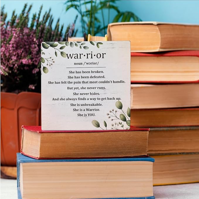 HEYBIG Cancer Motivational Decor Sign, Gifts Breast Cancer Gifts For Mom Warrior Survivor Friend Strength Gifts, Desk Sign Wooden Sign 5.1 X 5.1 Inch