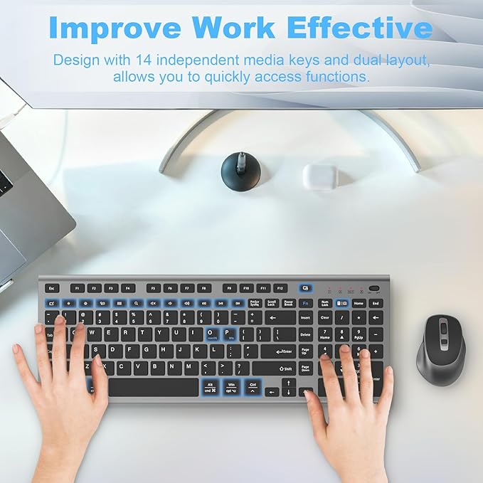 FENIFOX Wireless Keyboard and Mouse, Ergonomic Rechargeable Silent Quiet Slim USB C Flat Compact Full Size with Number Pad Soft Cover Keyboards for Mac Computer PC Surface Laptop MacBook iMac Black