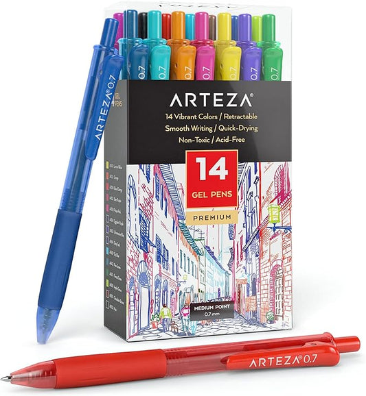 ARTEZA Gel Pens Colored Set of 14, Retractable Pens Assorted Colors for Writing in a Notebook, Journal, Planner