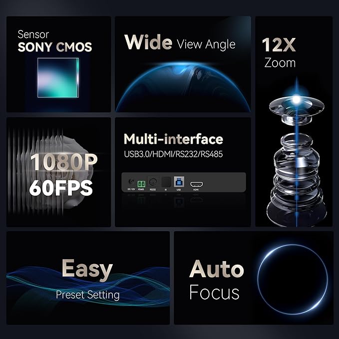 Tenveo 12X Optical Zoom PTZ Conference Camera USB3.0/HDMI 90° Wide View Angle, FHD 1080P 60FPS for Video Conferencing Business Meeting Church Services Worship Education Zoom Teams OBS