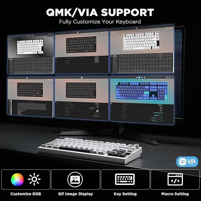 YUNZII AL80 Wireless Mechanical Keyboard,Full Aluminum CNC, Smart LCD Display,Hot Swappable Gasket Mount 75% Layout with Knob,BT/2.4G/USB-C,QMK/VIA Support for Win/Mac (Silver, Cocoa Cream V2 Switch)