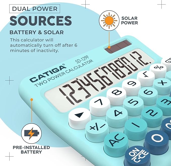 CATIGA Mechanical Switch Calculator with Solar and Battery Dual Power, 12-Digit Large LCD Display, Aesthetic and Cute Desktop Calculator with Big Button, for Home, School and Office Use, SD-1299
