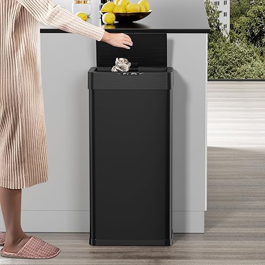 TLSUNNY 18.5 Gallon Motion Sensor Trash Can,Touchless Automatic Garbage Can,Brushed Stainless Steel Smart Bin,with Bag Holder,Soft Close Lid,for Kitchen,Office,RV,Bedroom,Living Room (Black, 70L)