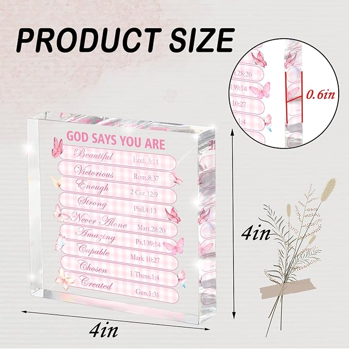 Pink Christian Wall Decor - 4x4 Inch Acrylic Scripture Sign with Butterfly Graphic, Inspirational Bible Verses for Bedroom and Office, Faith-Based Gift for Women