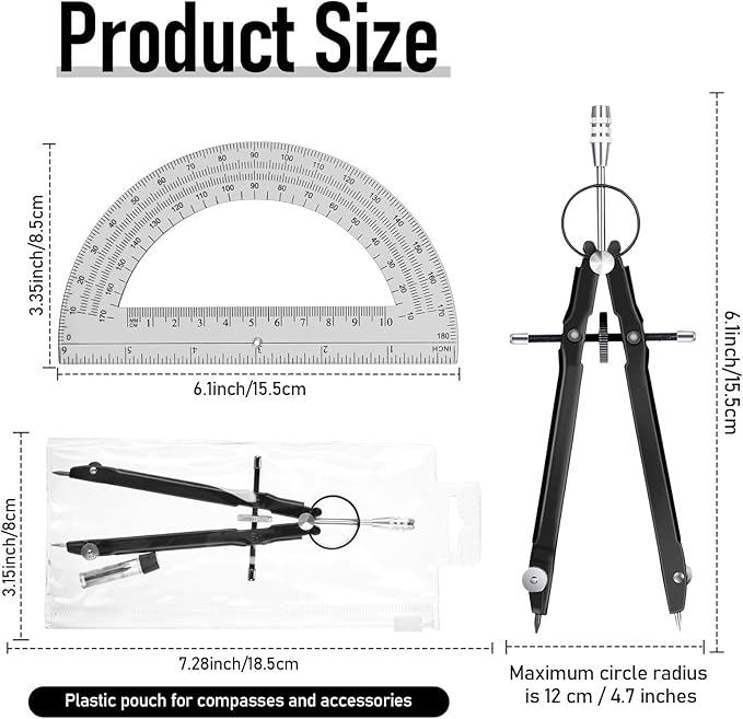EBOOT Student Geometry Math Set, Drawing Compass and 6 Inch Clear Swing Arm Protractors 180 Degree Math Protractor (Black and Black)