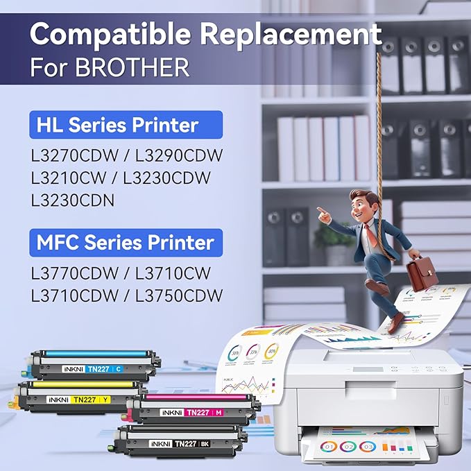 TN227 high yield toner cartridge 4 pack(with chip) Compatible Replacement for brother tn227 tn227bk tn223 tn-227 tn-227bk toner for HL-L3270CDW MFC-L3770CDW MFC-L3710CW HL-L3290CDW MFC-L3750CDW Prints