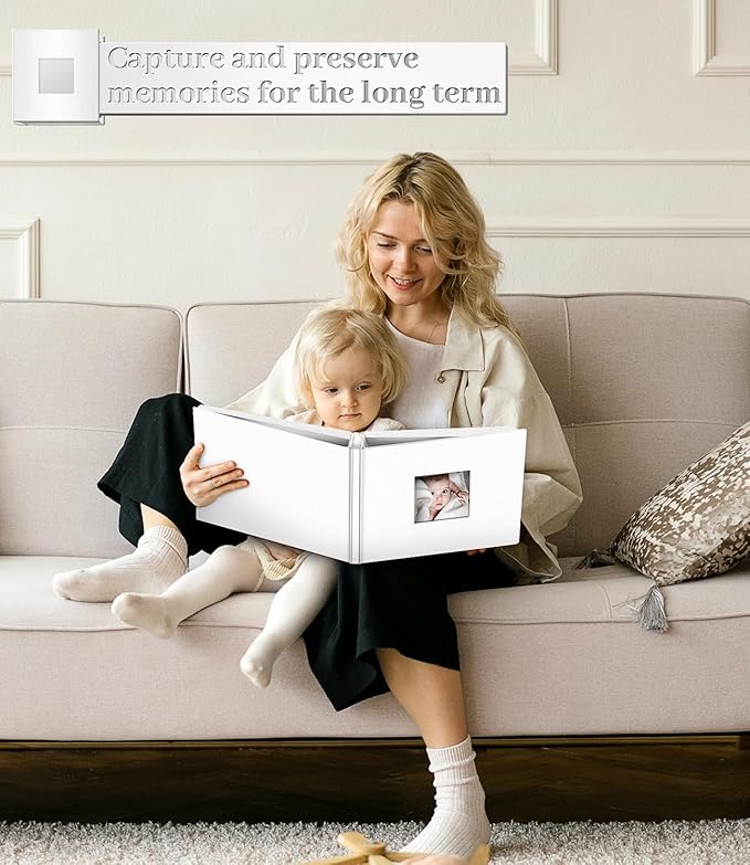 Photo Album Self Adhesive Scrapbook Album for 3x5 4x6 5x7 8x10 Pictures,40 Pages Linen Cover with Display Window DIY Photo Book,Ideal Gifts for Family Travel Wedding Baby