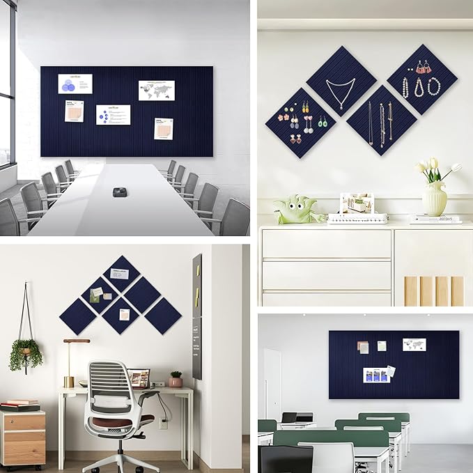 Large Cork Board for Office,8 Pack Felt Wall Tiles with Slat Wall Paneling,Felt Bulletin Board Pin Board Cork Boards for Walls - Dark Blue