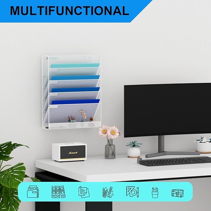 Wall File Organizer Holder Mesh Hanging Paper Document Holder,Vertical 6 Pocket Tier for Office Home, White