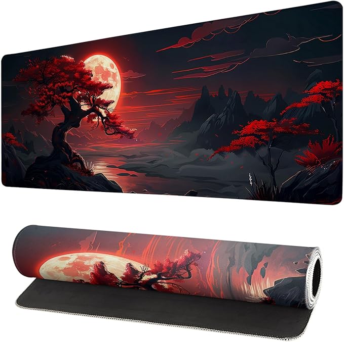 Extended Gaming Mouse Pad, Large Desk Mat XL Anime Mouse Pad Waterproof with Stitched Edges, Non-Slip Desktop Pad for Home and Office, Level Up Your 31.5x11.8 Inch (Darkness Red Moon)
