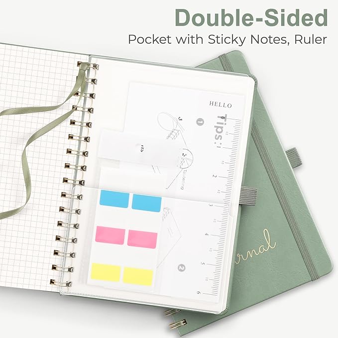 EMSHOI A4 Graph Grid Notebook - 110 Pages 100GSM Grid Paper, Vegan Leather Floral Cover with Spiral Binding for Engineering, Bullet Journaling, School & Work - Includes Ruler, Pockets -Light Green