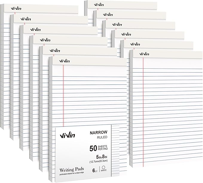 ViVin 5 x 8 Inch Legal Pads, 12 Pack, Narrow Ruled, 50 Sheets Per Writing Pad, Perforated Note Pads Ideal for Home, Office, Business, 600 Sheets, White Paper