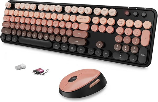 Wireless Keyboard and Mouse Combo, Ergonomic Full Size Typewriter Retro Round Keycaps Keyboard, Compatible with Windows, PC, Perfer for Home and Office Keyboards (Aurora Red)