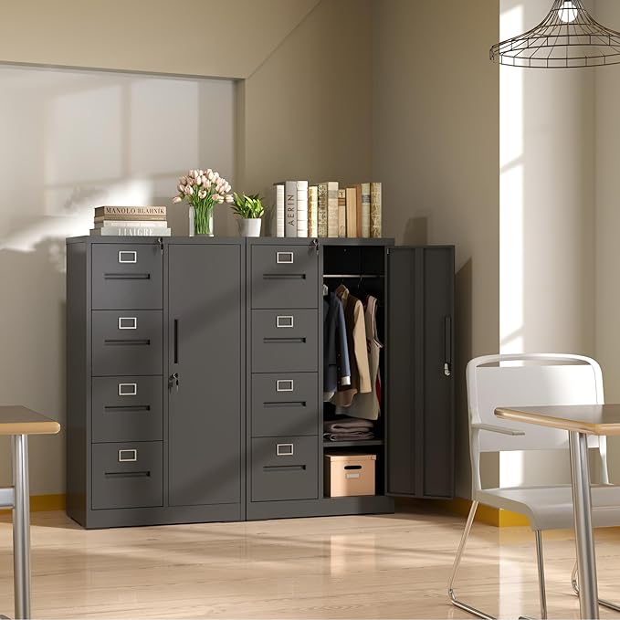 4 Drawer File Cabinet with 1 Door,Metal Storage Locker Cabinets for Employees,Home Office Black Filing Cabinets for Legal/Letter Size Files,Assembly Required