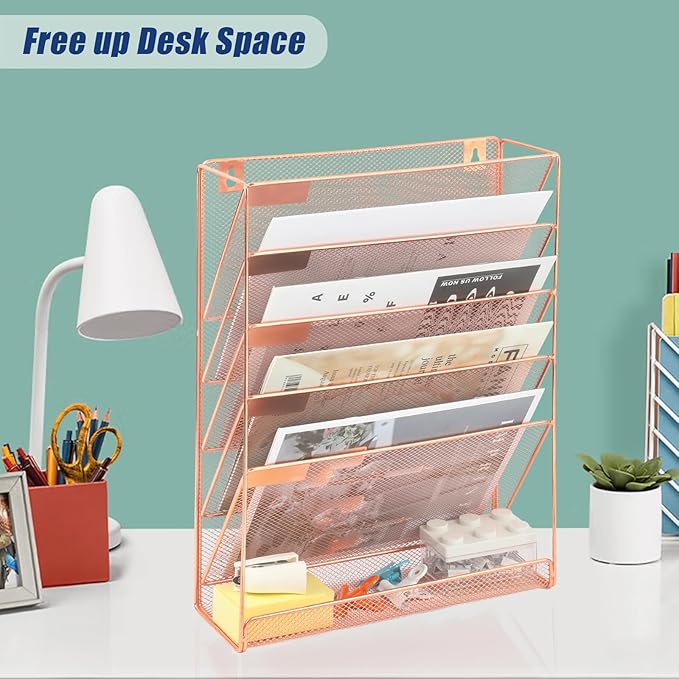 EASEPRES Desk File Organizer Mesh 6-Tier, Hanging Wall Mount Document Organization Stand, Desktop Vertical Mail Paper Folder Holder Rack with Bottom Tray for Office Home Cubicle Countertop, Rose Gold