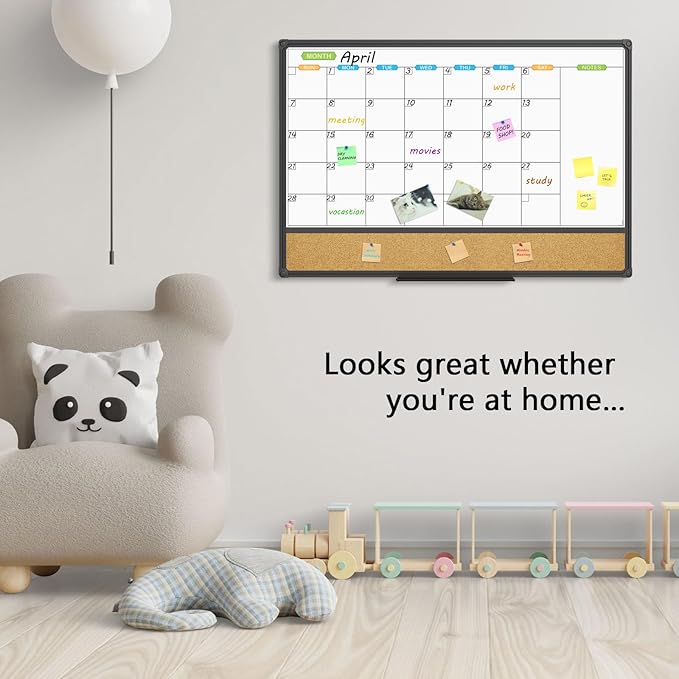 JILoffice Magnetic Calendar Whiteboard & Bulletin Corkboard Combination, Combo Board 36 x 24 Inch, Black Aluminum Frame Wall Mounted Board for Office Home and School with 10 Push Pins