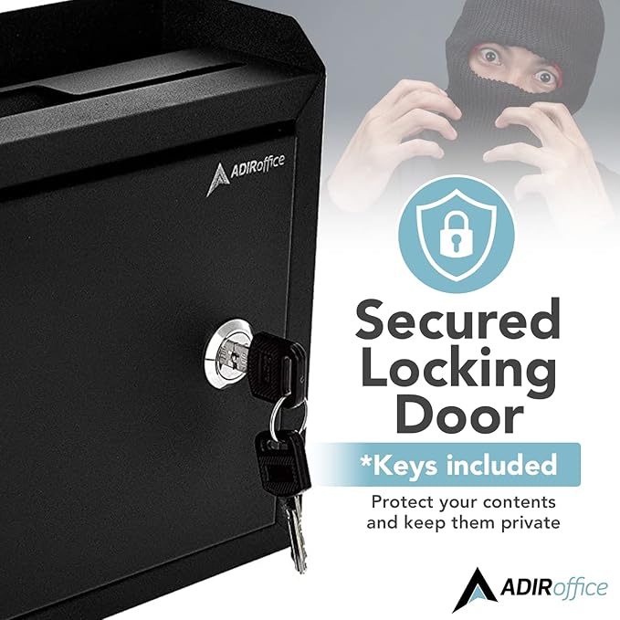 Adir Suggestion Box with Slot and Lock - Drop Box with Lock, Cash Dropbox - 9.8x7.5x3.4 Inches Wall Mount Donation Box - Metal Deposit Box in Black