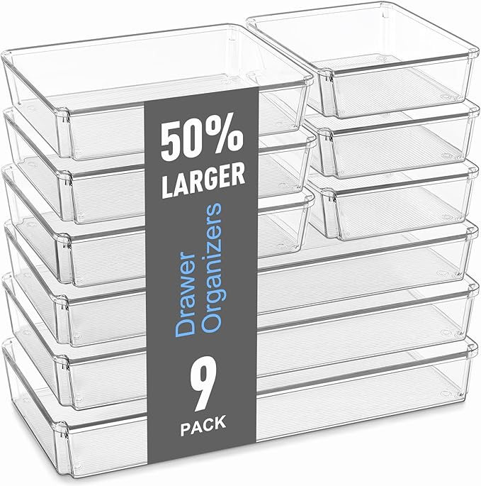 9 Pack Large Plastic Drawer Organizers Set, Clear Drawer Organizer Bins for Desk, Bathroom, Kitchen, Utensils, 3 Size Versatile Acrylic Drawer Organizer Trays