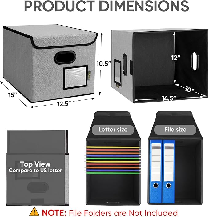 BALEINE File Organizer Box with Lid, Collapsible File Folder Organizer with Plastic Slide, Hanging File Folder Box for Office Document Storage (2 Pack, Grey)