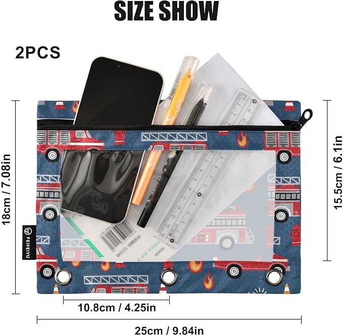 Fire Trucks Pencil Pouch for 3 Ring Binder, 2 Pack Waterproof Pencil Bags Clear Window Zipper School Office Supplies