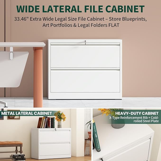 Lateral File Cabinet with Lock, Metal File Cabinets for Home Office Legal/Letter A4 Size, File Cabinet with 2 Drawer Storage Cabinet, Require Assembly, White