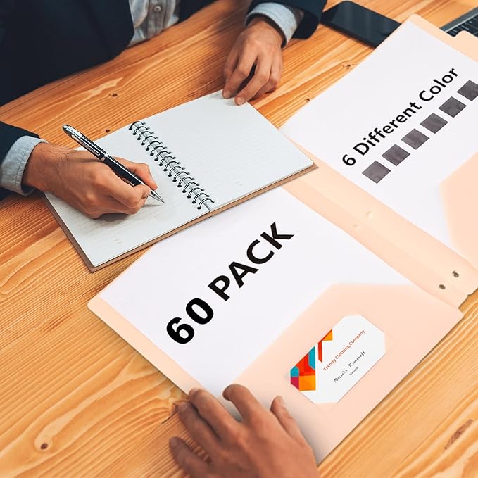 Honoson 60 Pcs Plastic Folders with Clear Front Pocket 3 Hole Punched Folders for 3 Ring Binder 1/6 Cut Tabs for Office Classroom (Macaron Colors)