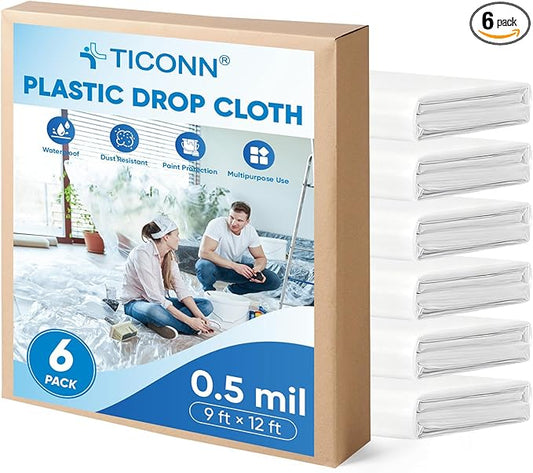 TICONN 12 x 9 Ft Plastic Drop Cloth for Painting, Waterproof Painters Plastic Sheeting, Painting Tarp for Furniture Cover, Floor Protection (6PK, 0.5Mil)