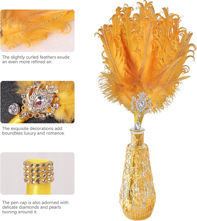 CROWN GUIDE Luxury Feather Quill Pen with Shiny Rhinestones & Curled Goose Feathers- Wedding Guest Book Pen, Great Gatsby/HP Party Supplies, Bridal Shower Gift with Rose Gold Heart Charm (13.8",Blue)