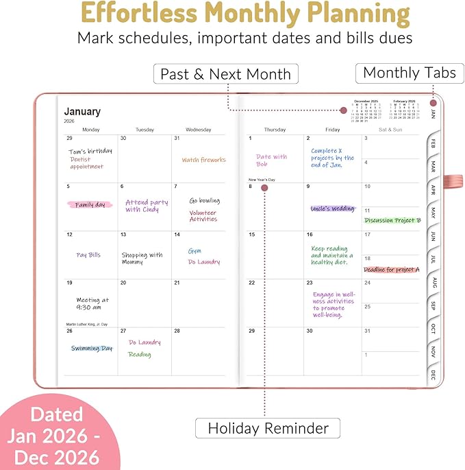Forvencer 2026 Planner, Weekly Monthly Planners with Month Tabs, 12 Months (Jan 2026 - Dec 2026), A5(5.8"×8.3"), Daily Academic Calendar with Elastic Band, Small Hardcover Agenda, for Teacher, School