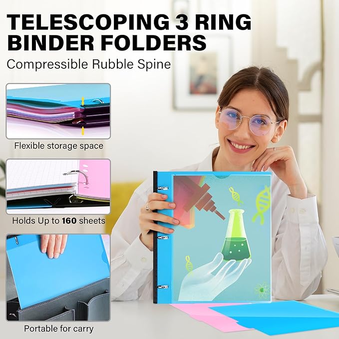Telescoping 3 Ring Binder-4PCS, Flexible Binder with Customized Front Cover+Clear Catalog Pocket+3 Round Rings, Flat Writing Binder, 4 Bright Colors