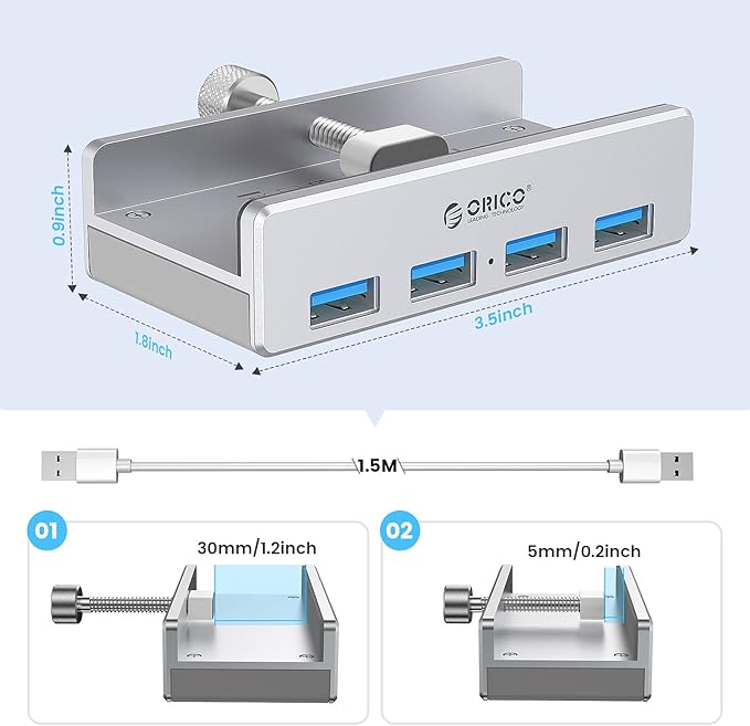 ORICO USB 3.0 Hub, USB Hub Clamp, Aluminum 4-Port USB Splitter with 4.92 FT USB Data Cable, Desktop Powered USB Hub for Monitors/Desks-Silver (Without Power Adapter)
