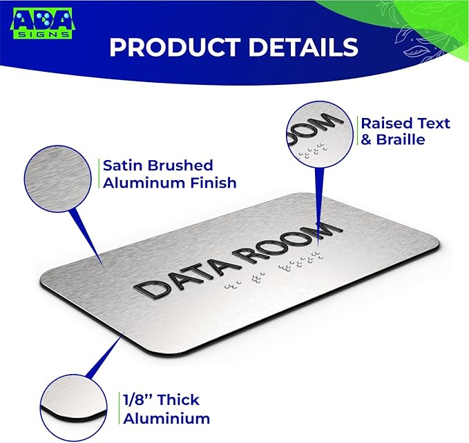 ADASigns Data Room Sign 7" W x 4" H - Durable Brushed Aluminum with Grade 2 Braille - Easy Installation with Strong Double Sided Tape - ADA Compliant Office & Businesses Signs for Wall