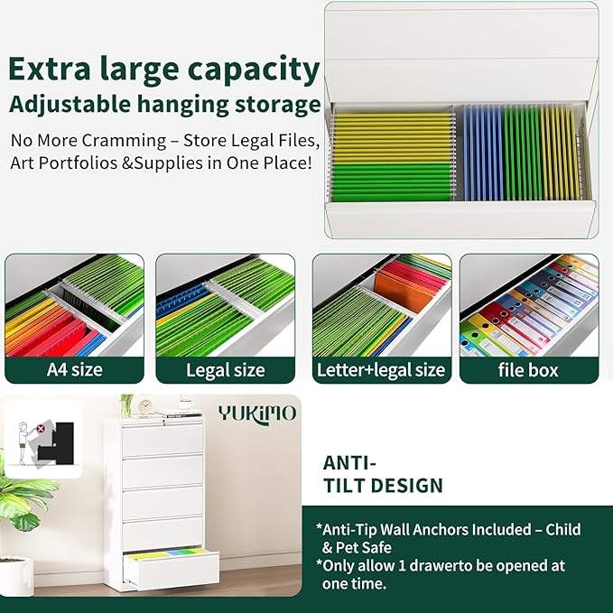 Lateral File Cabinet 4 Drawer, Metal File Cabinets for Home Office Legal/Letter A4 Size, File Cabinet with 4 Lock, Require Assembly, White