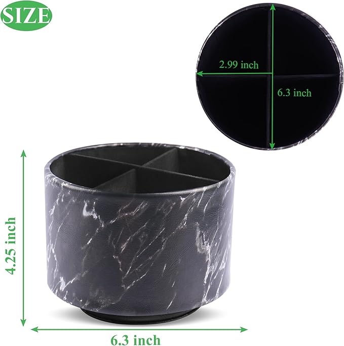 Round Leather Art Supply Organizer,Remote Control Holder,360-degree Rotating Pen Organizer with 4 Compartments(1-Marble Black Silver)