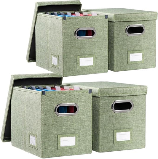 PRANDOM File Organizer Box - Set of 4 Collapsible Decorative Linen Filing Storage Hanging File Folders with Lids Office Cabinet Letter Size Green (14x9.3x10.8 inch)