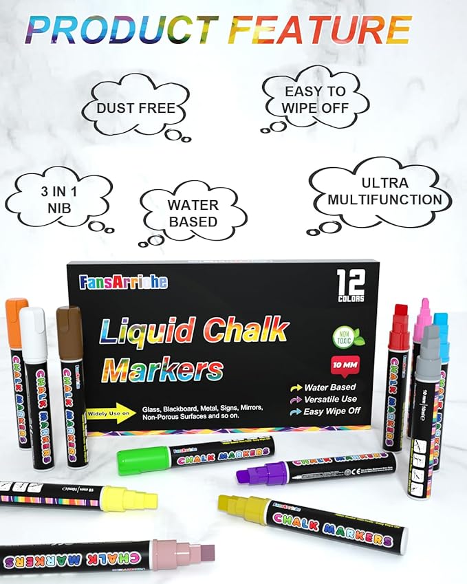 FansArriche Liquid Chalk Markers, 12 colors 10mm Erasable Marker Pens, Washable Window Markers For Glass, Blackboard, Bistro Menu, Car Windows, Mirrors, Labels, 3 In 1 large nib