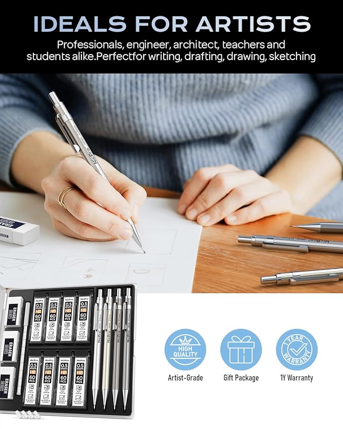 Nicpro 4 Pack Mechanical Pencil 0.5 mm with Case, MB1000 Metal Mechanical Pencil Set with 8 Tube HB #2 Lead Refill 0.5mm, 3PCS 4B Eraser, 9 Cap Eraser for Artist Drafting Writing, Sketching, Drawing