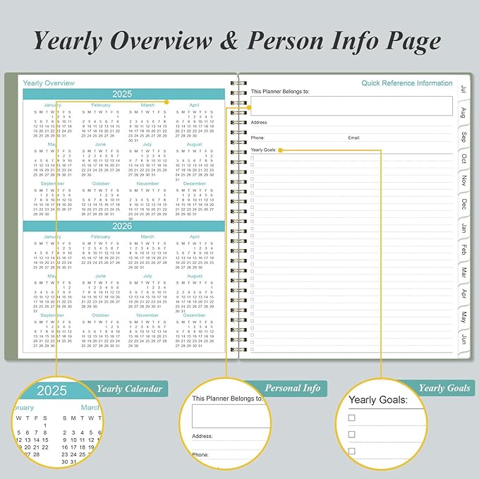 2025-2026 Planner - Academic Planner 2025-2026 from July 2025 to June 2026 with 12 Monthly Tabs, Flexible Cover, Inner Pocket, 8.5" x 11", Green