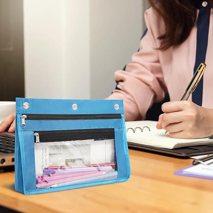 YoeeJob 1 Pack Pencil Pouch for 3 Ring Binder, Expandable Binder Pouches with Zipper, Large Capacity Pen Holder Case with Clear Window School Class Office Organizers, Sky Blue
