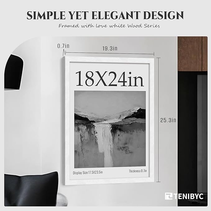 18 x 24 Poster Frame Set of 4, White Wood Picture Frame, Display Pictures, Posters and Puzzles, Horizontal or Vertical Wall Hanging